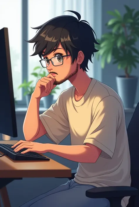 Young adult
 Light brown skin , Very short dark hair ,  with square glasses and mustache and thin beard,  with a light beige loose-fitting blouse and gray sweatpants. Are you sitting at a computer tinkering with Unity anime style