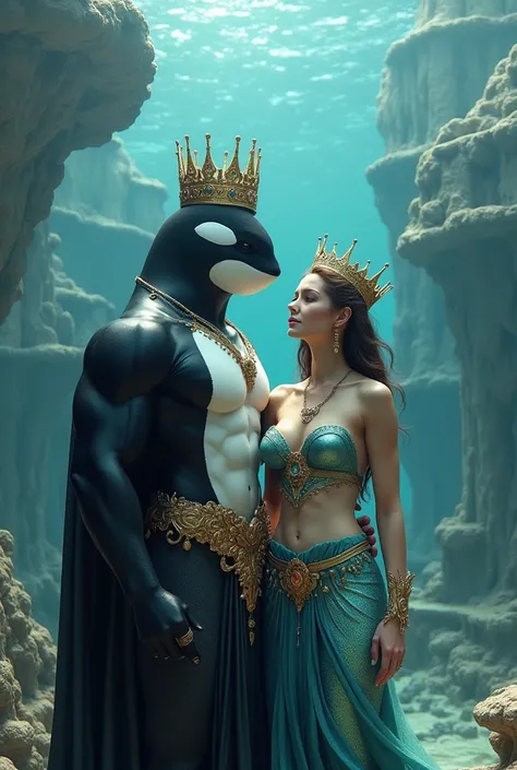 GENERATE a realistic image of a strong, muscular man with the face of an orca dressed as a king and a golden crown on his head next to his mermaid queen, realistic image of a city under the sea 