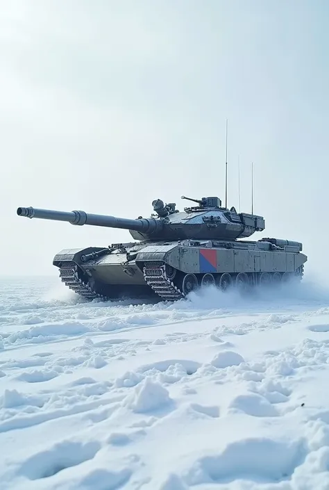 A tank with a Russian flag in the snow in winter