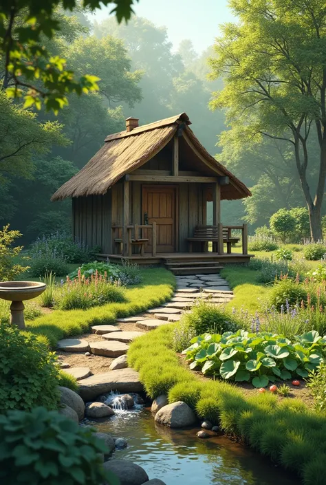 herbal garden with small meditation house