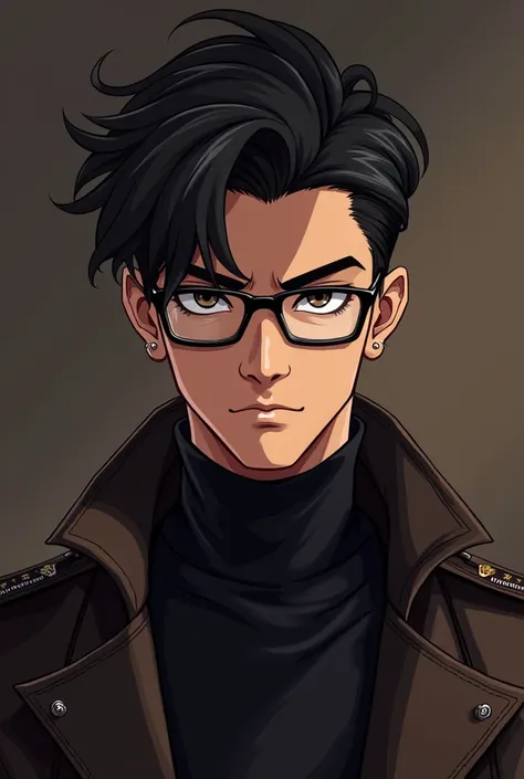  cartoon boy handsome, cold, wearing glasses, wearing earrings, wearing louis vuitton leather jacket, dark brown background