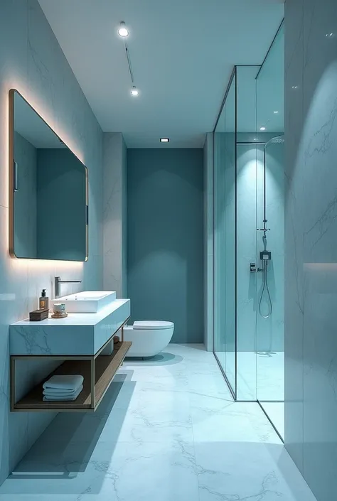  a spacious and private bathroom with a high shower , a large bathroom , a washbasin with mirror on the desk and a table for personal products without the toilet the room is all in shades of blue