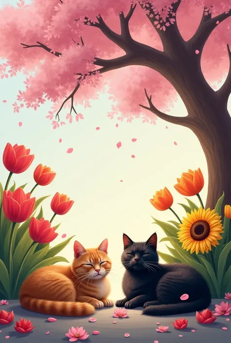  A cherry blossom tree and tulips and sunflower growing underneath it with two cats laying one of the cat is a ginger cat and another one would be a black cat