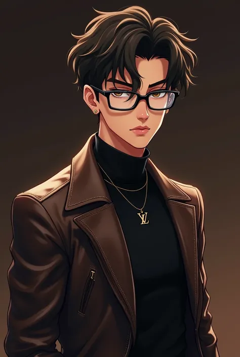  cartoon boy handsome, cold, wearing glasses, wearing earrings, wearing Louis Vuitton leather jacket, dark brown background