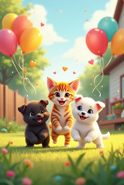 Tabby kitten and little white dogs one black and one brown 
playing on a birthday with balloons illustrations in the yard
