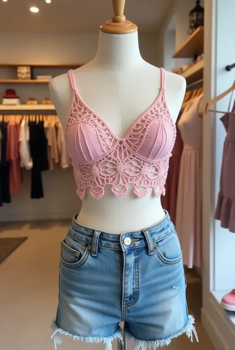 pastel pink crochet crop top with denim shorts and pastel pink shoes all worn on a mannequin in store