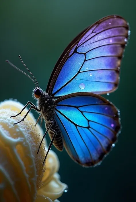 A side view of a very beautiful blue and violet butterfly as it just emerged from its cocoon, it hangs on the cocoon 