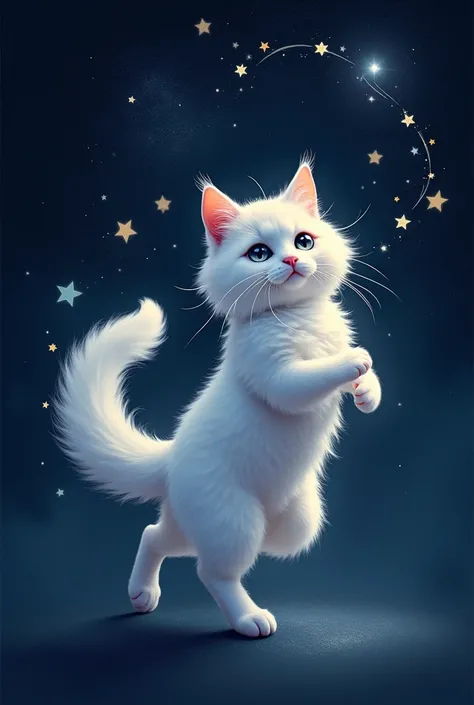 White colored cat dancing among the stars