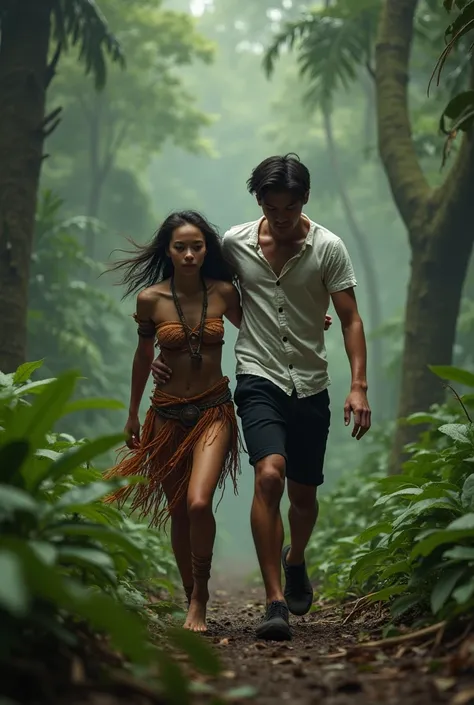 Young woman costume Amazonia Shuar white skin fleeing with a tall young man white skin white shirt black pants black shoes full body in love