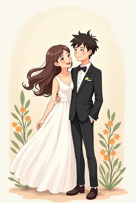 white girl with brown hair in a short wedding dress with black boy with short curly hair in a tuxedo, anime doodle style