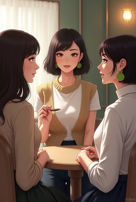  Create an image of two women talking and another woman with short black Chanel hair, in a white blouse, knitted t-shirt and green polka dot earrings listening to the conversation 