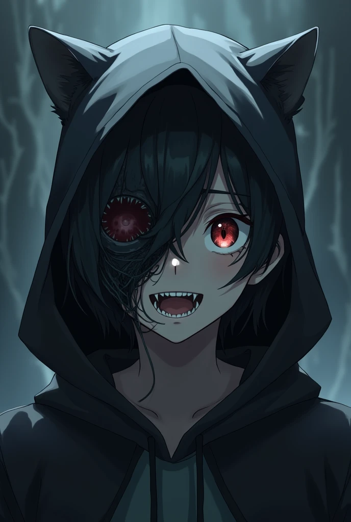 An anime guy whose face is parasitized by a black one-eyed mask, wears a hoddy hat that leaves his face exposed with fangs, and has cat-eared hair on both sides.