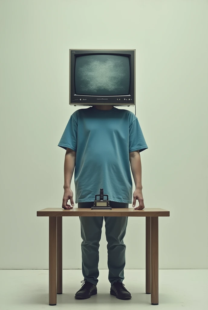 Create a person with a TV head wearing a blue t-shirt and holding a table with a press