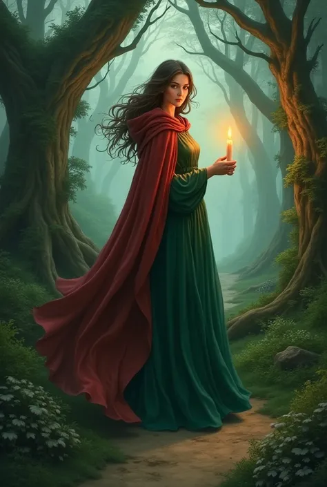  A woman with long brown hair ,  Wearing an emerald green dress and a large hooded cape , in red velvet .  She holds a burning candle . Shes on a dirt road in the middle of a forest 