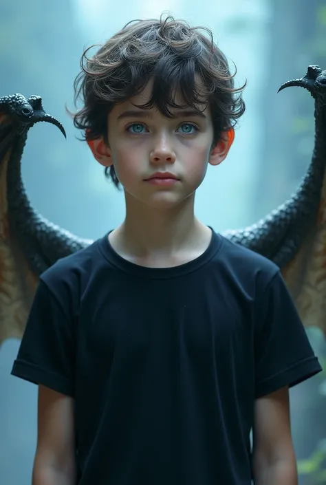 A teen boy with black t shirt show Drake Mahadi and her blue eyes and Dragon wings background color light blue 