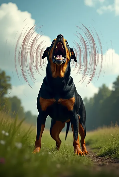 Create an image of a Rottweiler dog with a muscular build, standing outdoors. From its mouth, sound waves are visibly emanating in dynamic, vibrant patterns, as though a powerful bark or growl is resonating. The sound waves should look like a ripple effect...