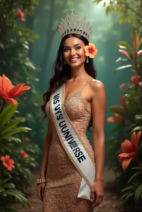 Miss Universe Samoa, Photoshoot, Wearing Sparkling Crown, Wearing "Miss Universe" Sash, Wearing a Gown Realistic, Ultra HD, Highlt Detailed, Detailed Face, Detailed Hair, Detailed Skin, Flower in Ear, Samoan Scenery as an Background
