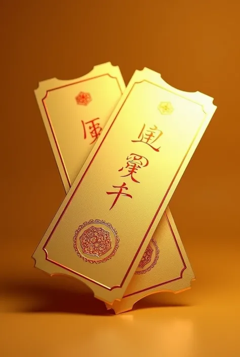 It generates an image of two , Uno tras otro. golden color,  as of a shiny and light material ,  tickets as if the paper were real gold .  with some elegant details and Chinese letters in red