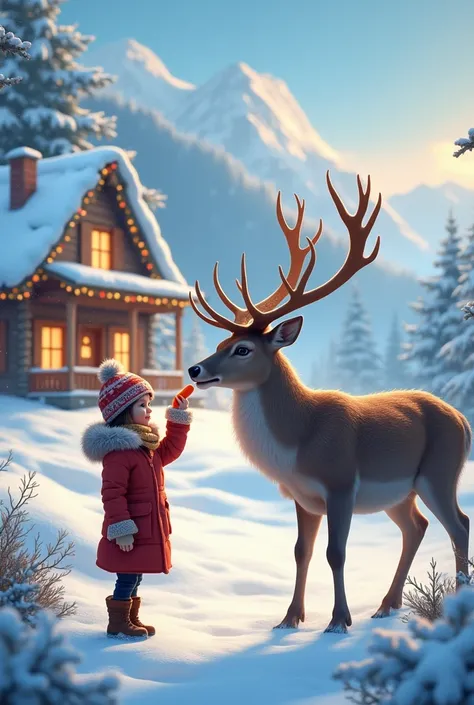 on a winter evening in Sochi, a girl stands in the mountains feeding a big deer carrots ,  and in the background, the festive atmosphere of the New Year, next to the deer is a cozy warm house selling fragrant warm coffee and pastries There is a cozy garlan...