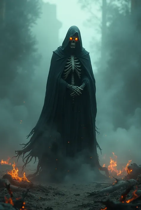 The scary grim reaper with fire coming out of his eyes is standing in the middle, dead souls are flying around him, there are s on the ground 8k ultra quality