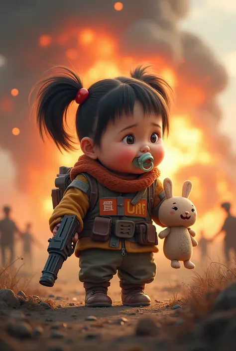 A chubby Asian warrior baby girl, One hand holding a gun and one hand with a bunny soft toy, chewing pacifier yawning, in a post apocalyptic zombie world with a big explosion behinde her, on the back a banner saying with clear bold letters “UNF”. High Reso...