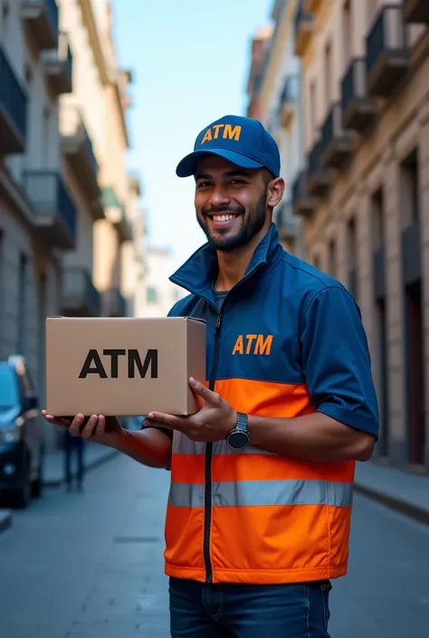  Create a design similar to that shown in the image ,  but adapted for the shipping company  "ATM".  Uses dimensions of 1080x1080 pixels ,  ideal for Instagram posts . The design must include:

Un fondo urbano que transmita cercanía and dinamismo ( as stre...