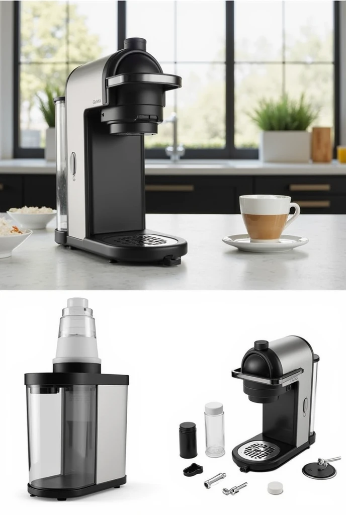 Main photo : Espresso coffee maker on a modern countertop in the background of a kitchen next to a cup of coffee with foam.
 Additional images :  Close-up of the preparation system ,  removable water compartment ,  and included accessories .