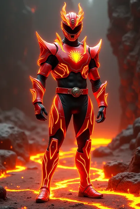 Make a Power Ranger :

 Classic ranger base with a design that recalls moving magma flows.  Red and orange lines cover the path , simulating lava flowing .  The gloves and boots are reinforced and have a dark red metallic sheen .

 With a helmet

Inspired ...