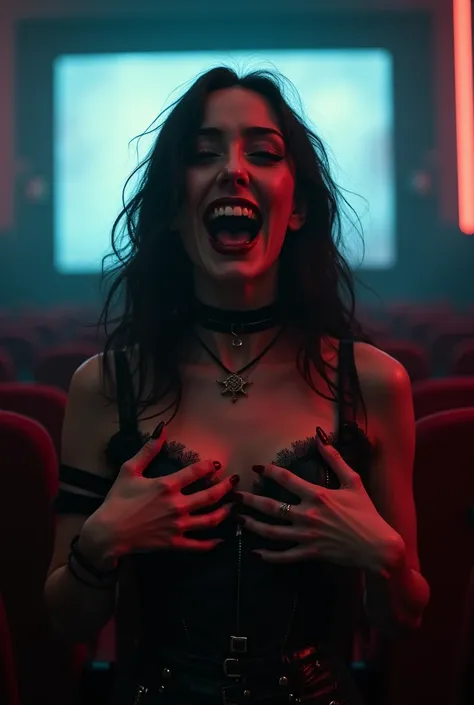 Portait of a  18 year old goth girl dressed in screaming in a 90s style movie theater with her hands on her tits . Cleavage 