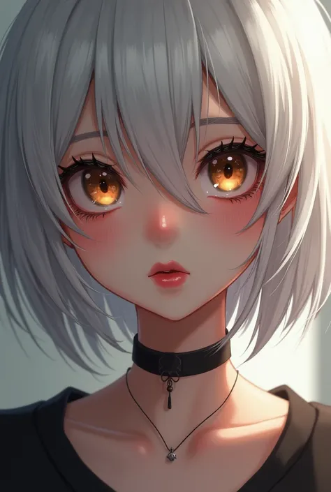 screenshot of Arcane, a teenage girl with short shoulder-length white hair, honey-colored eyes, and red lips