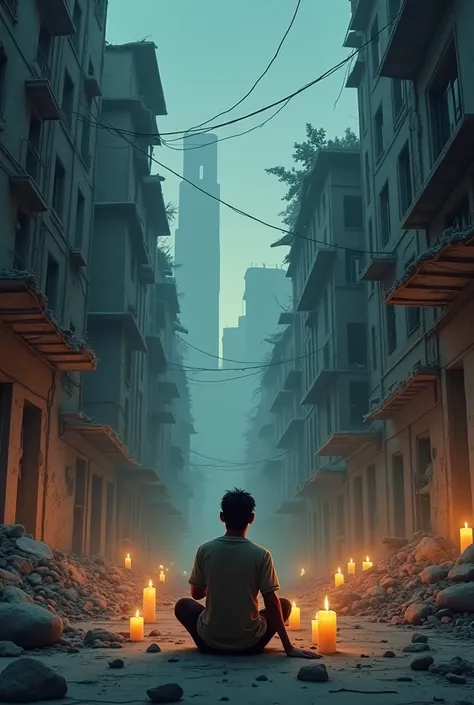 Man sitting in the middle of the street with buildings all around destroyed and picking up candles in 2D animation in animated format 