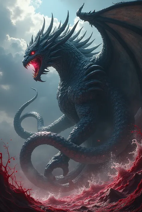 Create a leviathan made of black diamond with multiple wings and multiple heads, your eyes would be like a galaxy and it would be swimming in a sea of blood fighting against a colossal albino sea serpent with multicolored crystalline scales. 