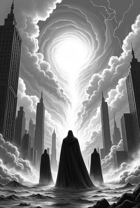 manga scene,  black and white image,  an advanced civilization,  with clouds and water vapor , thunder and onomatopoeia 