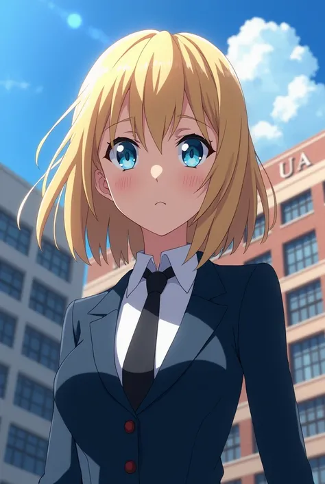  screenshot of my hero academia/18-year-old blonde haired woman,  blue eyes , long eyelashes in a l ! UA,  suit with a background of the UA the building
With a firm but tender look with the animation of the ANIME BNHA