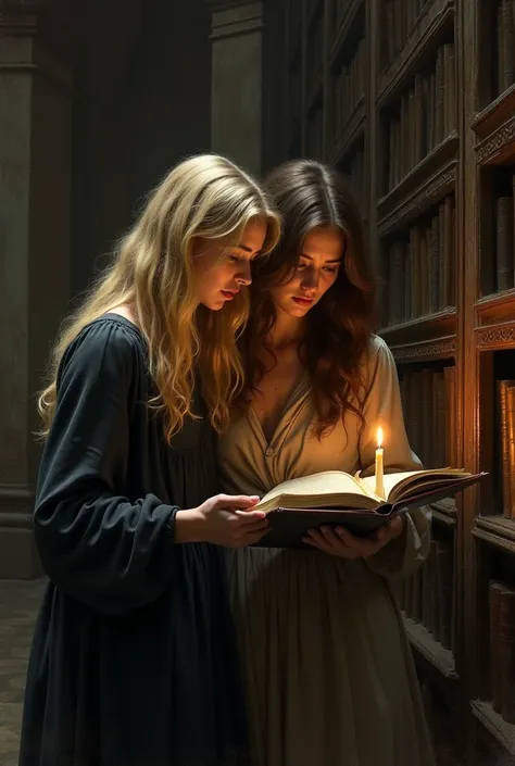 Scared womens; looking for a forbidden book in ancient library with a lost of mistery and secrets; caravaggio painting; naked women ; violet sorrengail; two womens interacting with the books; chiarosescuro; no purple hair; first woman blonde and second wom...