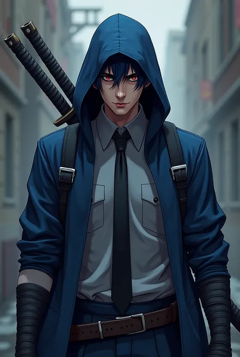  A man in a blue hoodie, black bandages on his arms , dark blue black hair , red eyes , gray shirt with black tie,two katanas on his back ,light skin,Style 2d
