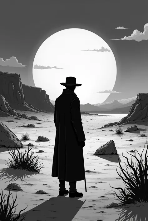 1930s, cartoon, noir, nevada desert, empty scenery, strong wind, silence