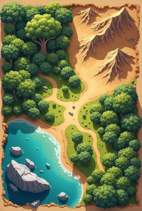 Create a map with four regions rainforest desert mountains and savannah on each region make room for pieces divide the map into 4 elements separate each region by borders 
Each region is supposed to occupy 1 corner i.e. the rainforest is only the upper lef...