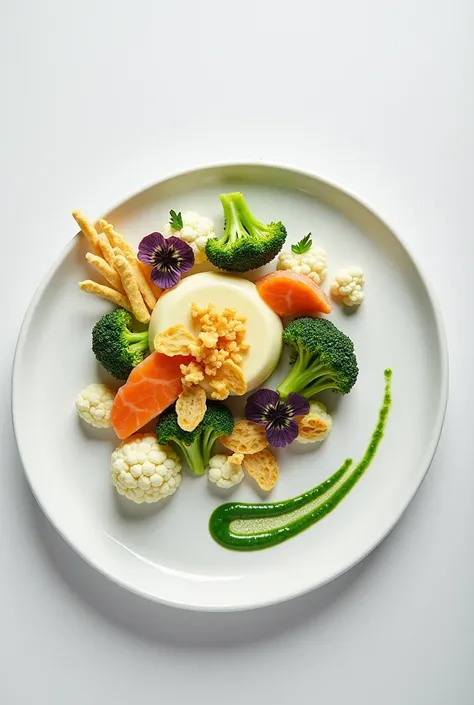  make a sketch of a plate containing potato foam in the middle of the plate ,  broccoli and small cauliflower in the middle of the plate ,  with crispy mini rice tortillas cut into sticks ,  on top of everything an elongated portion of salmon and on the ot...