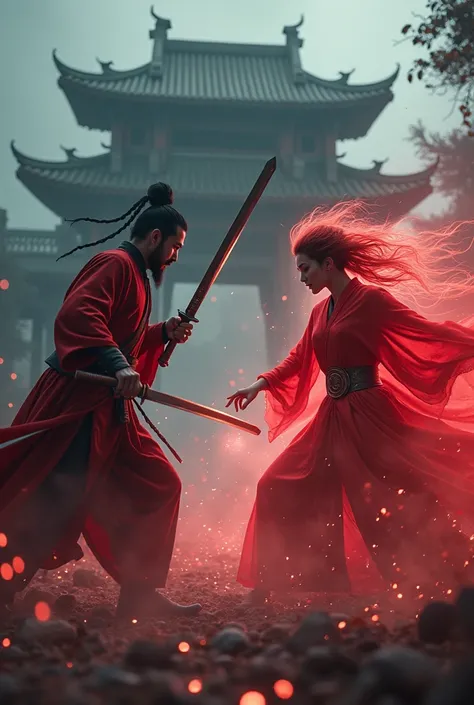 In front of a Chinese horror haunted house, a Taoist priest used a peach wood sword and a talisman to fight a female ghost in red。Their fight was fierce.