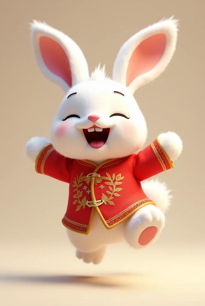 3D cartoon of a white male rabbit wearing a red Chinese costume, jumping and joyfully, showing detailed fur and clothing.