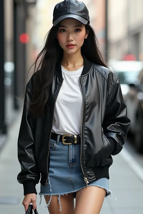 Beautiful asian woman in the Oversize Faux Leather Bomber Jacket with white oversize t shirt and jeans skirt and leather belt and leather shoes and cap and walking in the grey screen