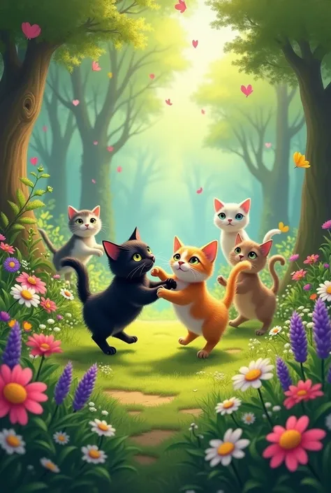 Cats in a forest and flowers