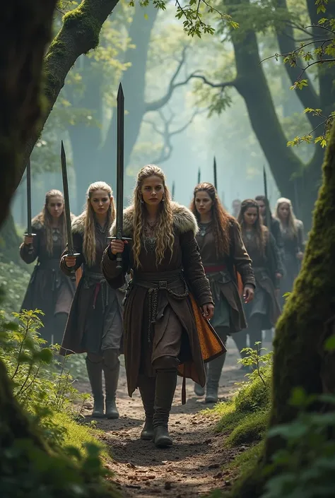  Viking warrior women walking in the woods, with their swords raised 