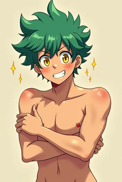 Tan man, green hair, yellow eyes, showing armpits, sweating, undressing, cute appearance, anime 