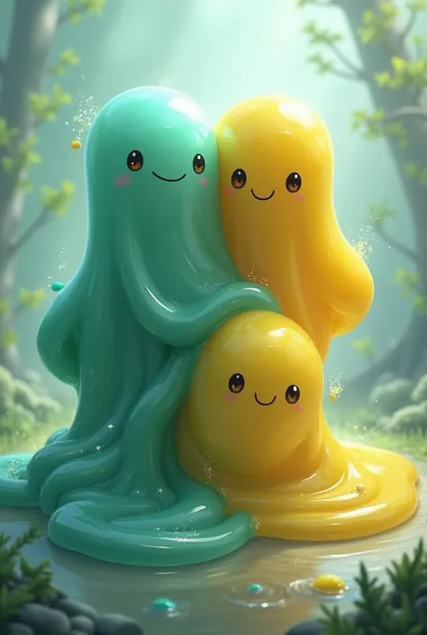 Three slimes merging and mixing with eachother