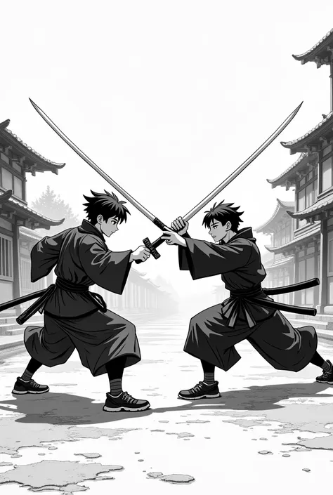 black and white manga, Two ren playing with katanas 