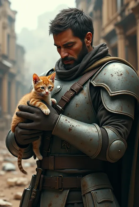 soldier with his spear and shield hugging a kitten