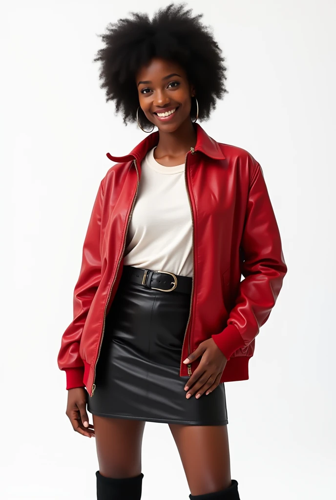 Beautiful african woman in the red oversize faux leather bomber Jacket and white t shirt and leather skirt and leather belt and long leather boots and walking in the white screen