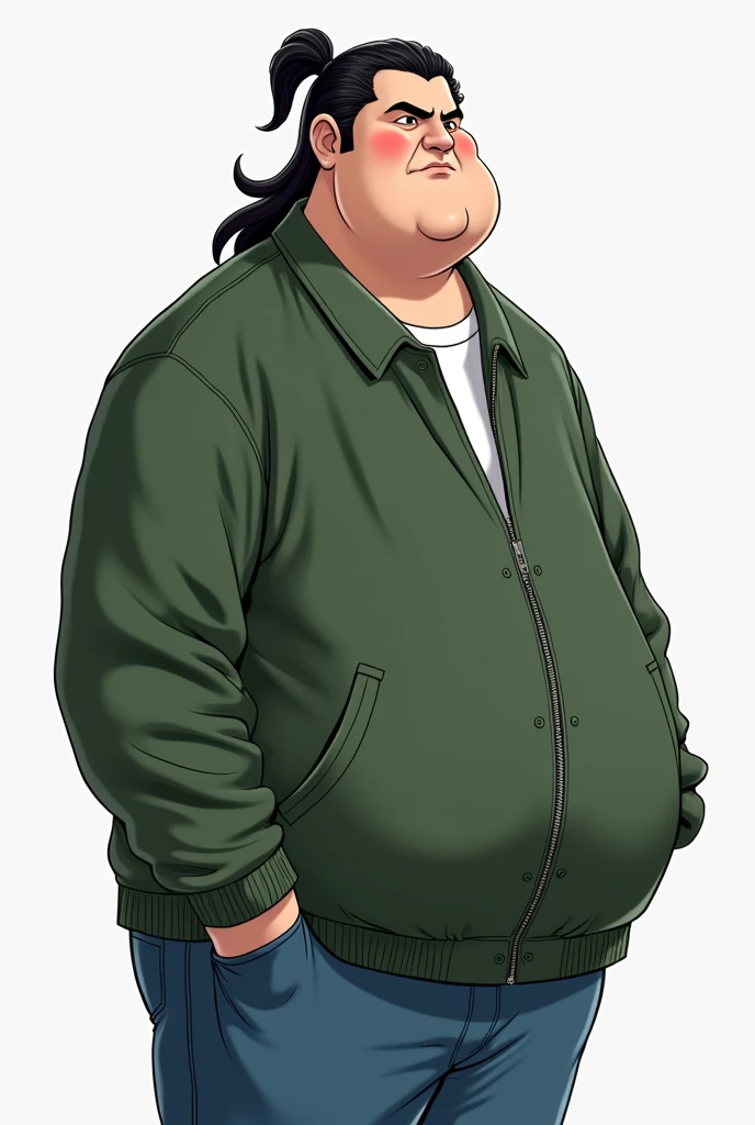 175cm tall guy, ,long black hair in a pony tail and he is wearing a green bomber jacket.Make him have a double chin as well.Blue pants.A little overweight but nothing to much but still keep a double chin